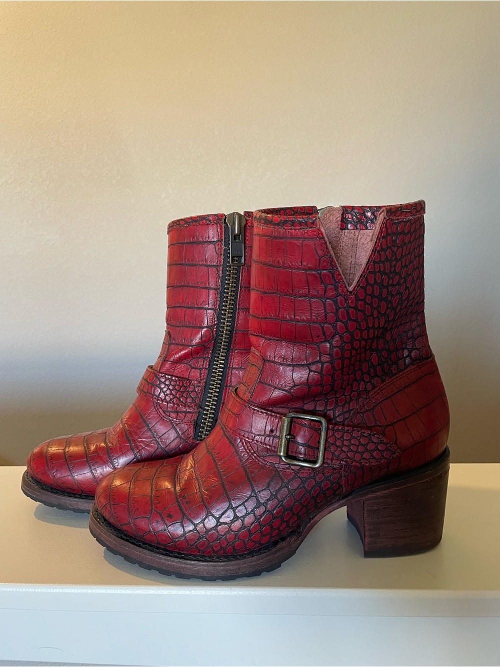 Freebird by Steven Carlito Red Croco Leather Ankle Boots with Buckle